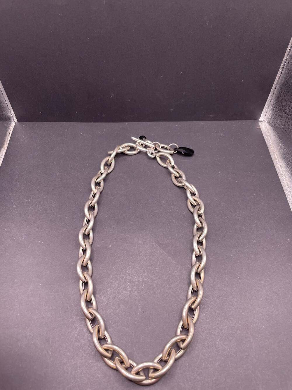 Vintage Large Chunky Cable Links Silver Tone Toggle Clasp Black Charm Necklace